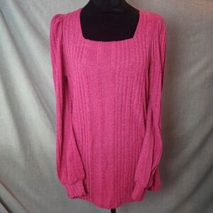 Wiholl Woman's M Balloon Sleeve Square Neck Pullover Soft Textured Barbie Pink